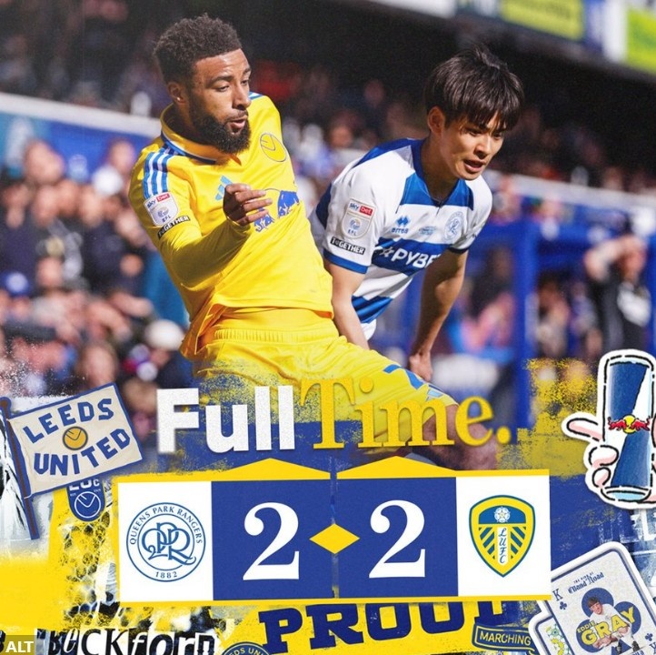 英冠榜首利兹联连追两球2-2战平QPR，近4轮仅1胜领先优势缩小